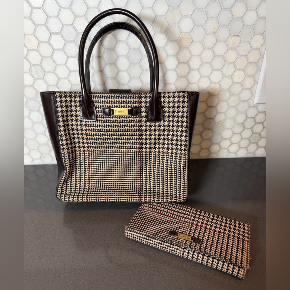 RALPH LAUREN Brown Houndstooth Vintage Bag Matching Wallet Preppy Americana